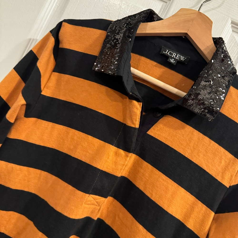 J.Crew Jenna Lyons Era Sequin Collar Rugby Shirt Black Orange Striped Top Medium